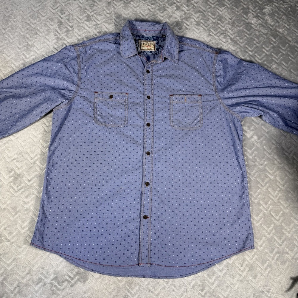Vintage Italia c1958 Mens Button Up Shirt XL Blue Long Sleeve Ditsy Floral Print